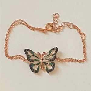925 Silver bracelet green butterfly handmade enamel black cz 14K rose gold plate